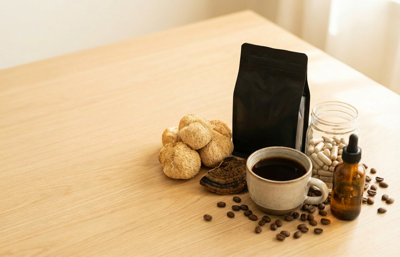 Functional energy products — mushroom coffee, paraxanthine, nootropic drinks, and adaptogens at Masterpiece Alternatives in Perham MN